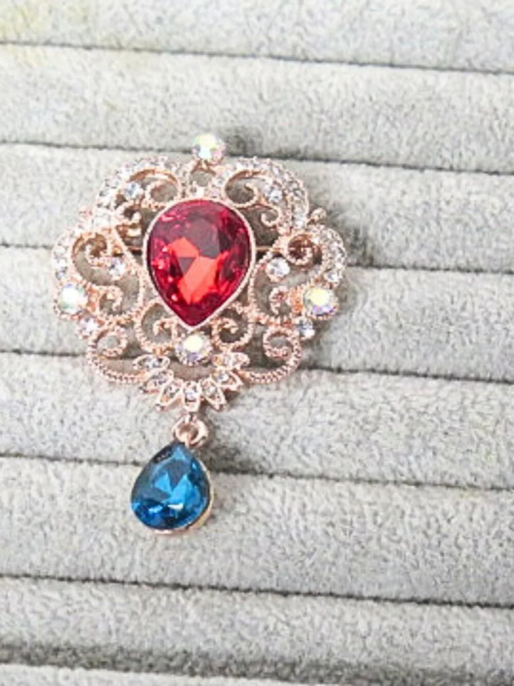 Rose Gold Tone Red & Blue Rhinestone Teardrop Dangle Brooch Pin